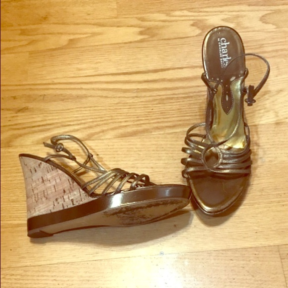 Pair of bronze leather open-toe wedge sandals